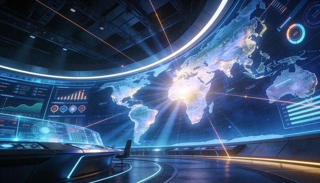 Futuristic command center projecting holographic world map with data visualization panels