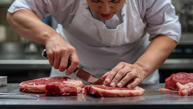 Female Chef Slicing Fresh Steak on Professional Kitchen Counter