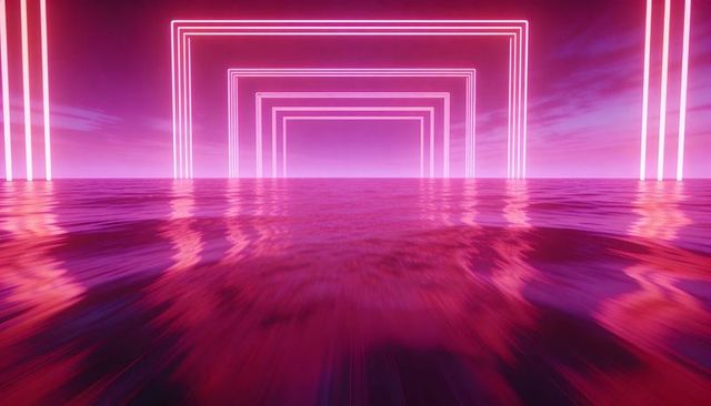 Glowing neon frames reflecting on rippling magenta sea creating surreal futuristic tunnel