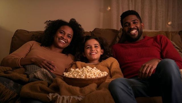 Family snuggling on couch sharing popcorn during cozy movie night in warm knit sweaters