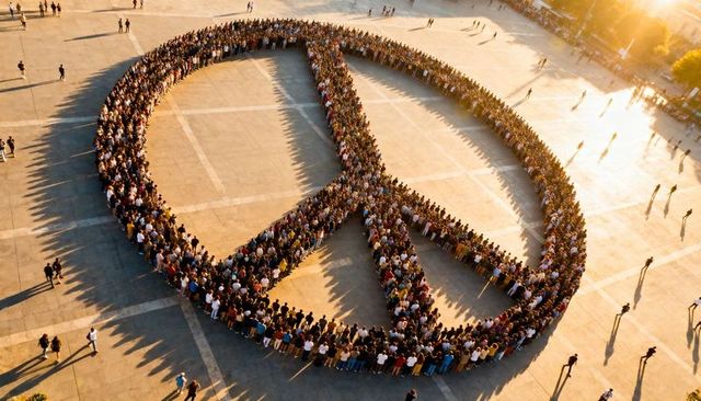 Thousands forming giant peace symbol in urban square at golden hour celebrating unity