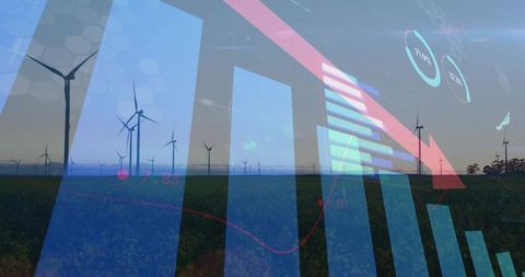 Wind Turbines with Digital Analytics on Field at Sunset