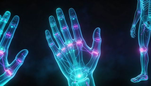 Glowing x-ray hand highlighting wrist and finger joints with neon nerves and magenta nodes