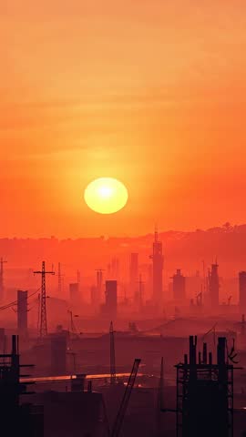 Sun Disk Hovering Over Hazy Industrial Skyline During Fiery Sunset Vertical Video