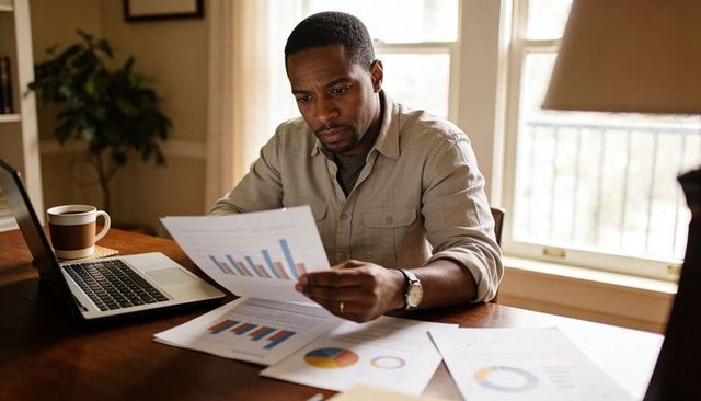 African american man analyzing financial charts at home workspace with laptop and coffee