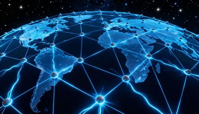 Global digital network grid connecting continents with neon blue glowing nodes and data lines