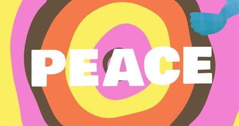 Bold peace lettering on concentric psychedelic color rings with turquoise hand