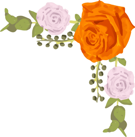 Transparent floral corner bouquet with vibrant roses and eucalyptus