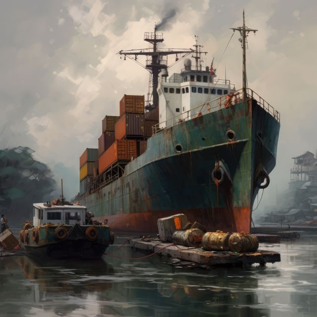 Cargo boat in shipyard port, created using generative ai technology. Ships, cargo and sea transport concept digitally generated image.