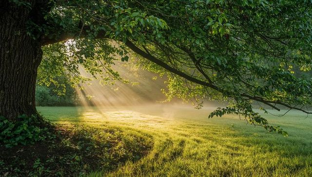 Sunbeams filtering through overhanging tree canopy, dewy morning meadow glow