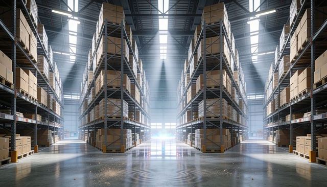 Sunlit industrial warehouse aisle with tall pallet racking and symmetric skylight beams