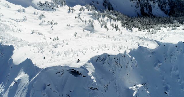 This image captures an aerial perspective of skiers skillfully navigating through white, snowy mountain terrain with a forest backdrop. Perfect for winter sports promotions, travel brochures, adventure tourism websites, or content related to nature and outdoor activities.
