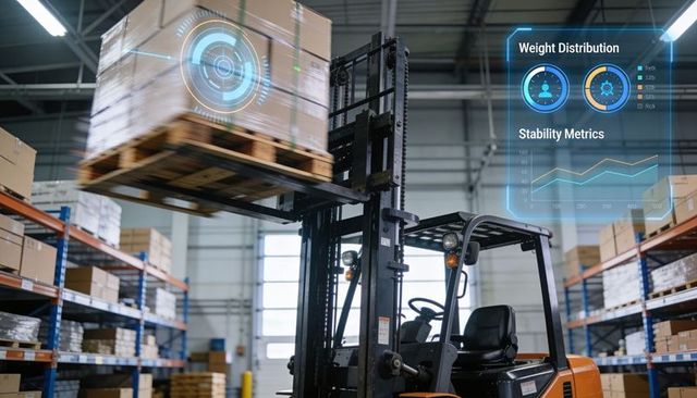 Forklift lifting pallet with augmented reality hud showing weight and stability data