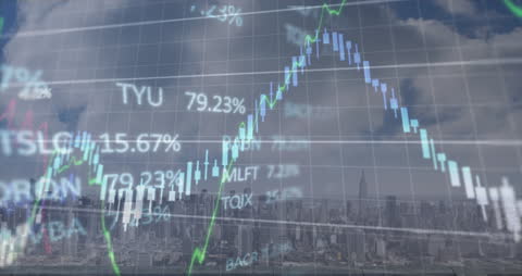 Financial Data Overlays Skyscraper Cityscape Background
