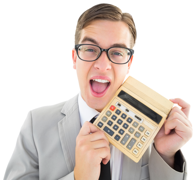 Funny Businessman Joyfully Holding Large Calculator on Transparent Background - Download Free Stock Videos Pikwizard.com