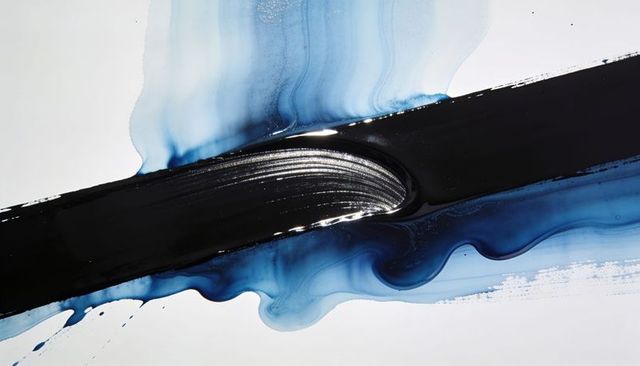 Glossy black stroke cutting through fluid navy and cobalt blue washes