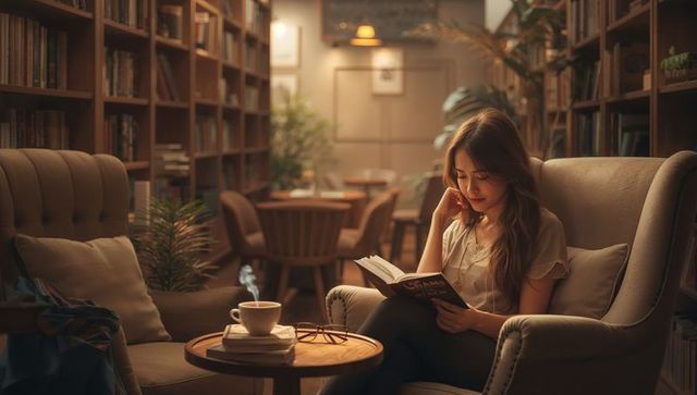 Woman reading in cozy library cafe holding book and coffee, warm ambient lighting