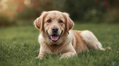 Golden retriever lying on lawn panting and tilting head while watching camera in sunlit backyard