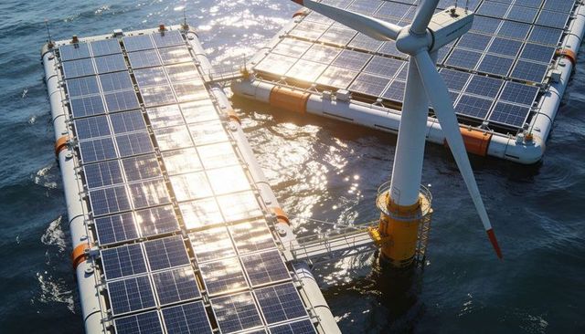 Floating solar arrays powering offshore wind turbine on buoyant pontoons, renewable energy