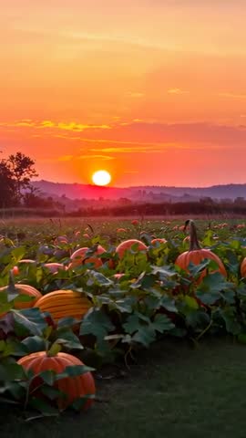 Sun descending over pumpkin field at golden hour, camera advancing through autumn vines