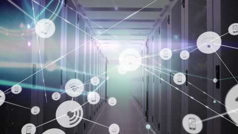 Digital Network Icons Over Computer Servers Illustrating Connectivity