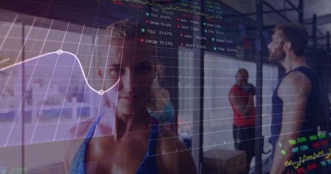 Woman standing in modern gym with stock market charts overlay blending fitness and finance
