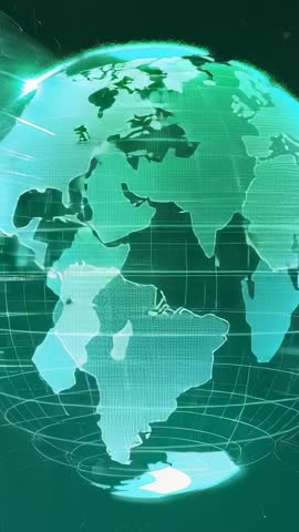 Holographic Globe Rotating with Grid, Pulsing Ring and Data Beam, Vertical Tech Video