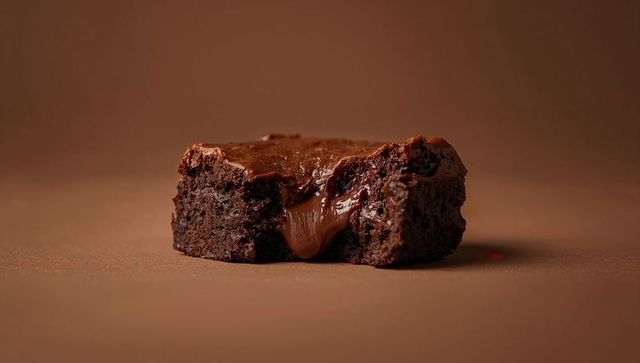 Gooey Chocolate Brownie Oozing Molten Center Closeup on Warm Brown Background