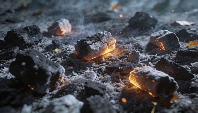 Glowing charcoal briquettes emitting orange embers and smoke over frosted ash surface
