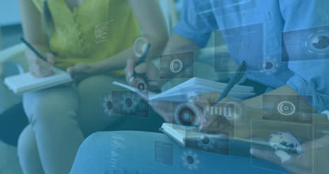 Business Professionals Analyzing Data with Digital Interfaces