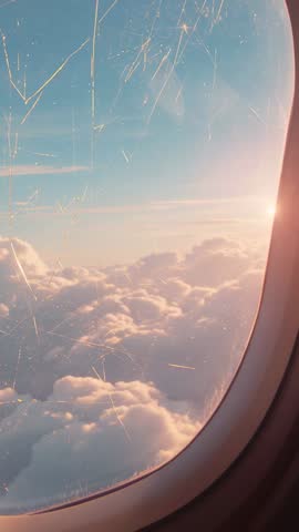Capturing warm golden-hour clouds through scratched airplane window during sunrise flight