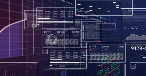 Futuristic Layered Data Dashboard Showing Neon HUD Analytics Panels and Financial Charts