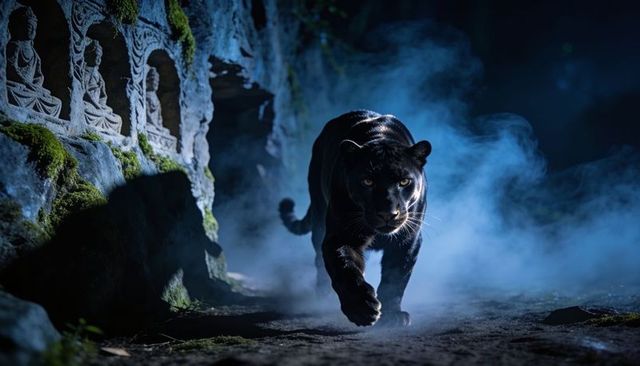 Prowling black panther stalking moonlit temple ruin path with mist and carved stone relief