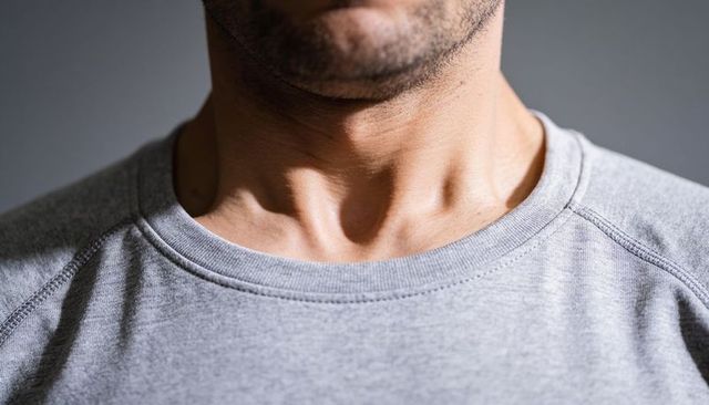 Male neck and jawline showing stubble and adam's apple wearing grey crewneck, portrait