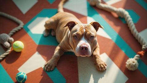 Playful pitbull dog relaxing on geometric floor with toys