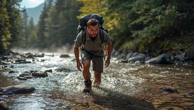 Determined hiker crossing sunlit mountain stream with heavy backpack and hiking boots
