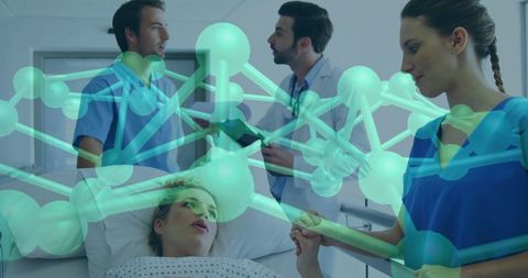 Nurse Comforting Patient with Molecular Symbol Overlay