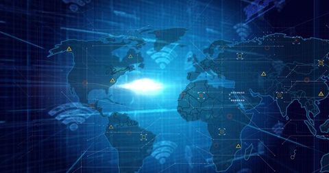 Global Cyber Network Dashboard Holographic Blue World Map Data Telemetry Real-time