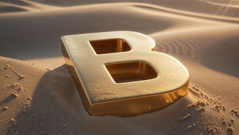Golden letter b on desert dunes with warm sunlight