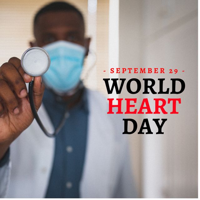 Square image of world heart day text over african american doctor using stethoscope. Healthcare and medicine, world heart day campaign.