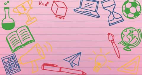 Educational Icons on Pink Ruled Background with Copy Space