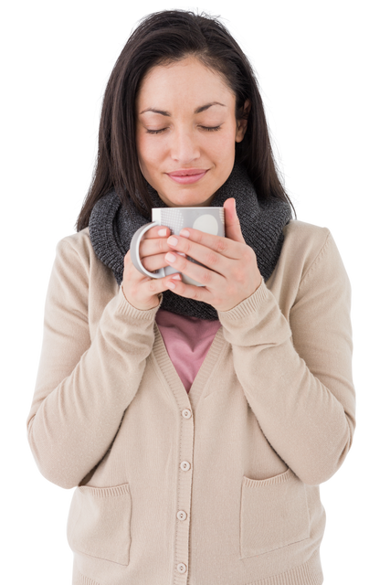 Smiling woman enjoying hot beverage cozy sweater, transparent background - Download Free Stock Videos Pikwizard.com