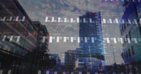 Glass Skyscraper Merging with Financial Charts and Grid Overlay for Urban Finance