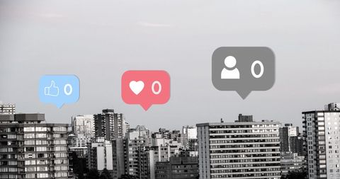 City skyline with social media interaction icons
