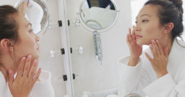 Young Woman Skincare Routine in Bathroom Mirror - Download Free Stock Images Pikwizard.com