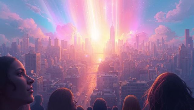 Silhouetted crowd gazing at radiant sunrise over futuristic urban skyline