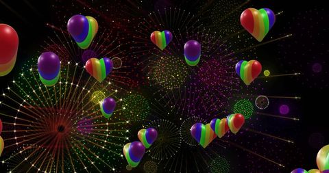 Vibrant Pride Rainbow Hearts with Fireworks in Black Background