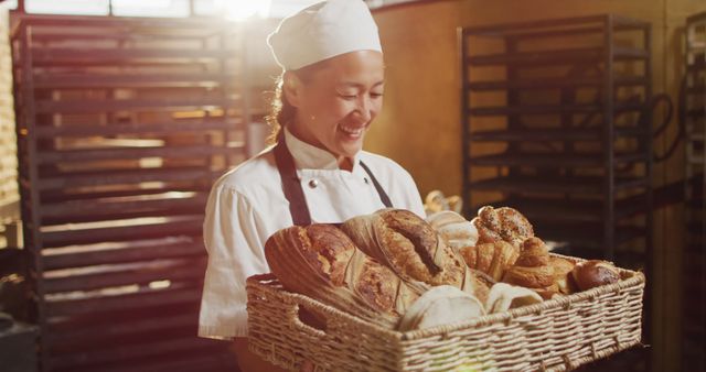 Happy Female Baker Holding Freshly Baked Bread - Download Free Stock Images Pikwizard.com