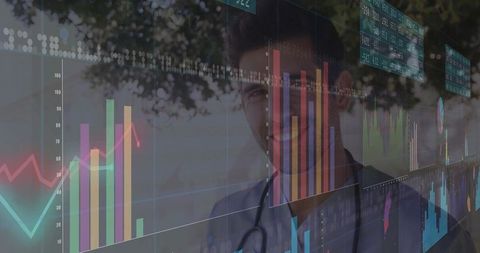Doctor analyzing digital charts in lab setting with data overlay