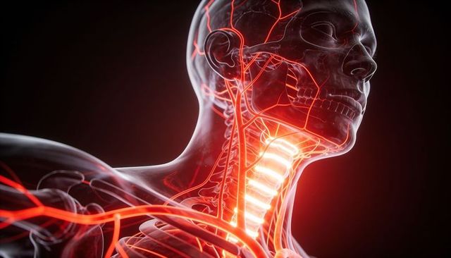 Transparent male neck and skull showing cervical spine, trachea and vascular network